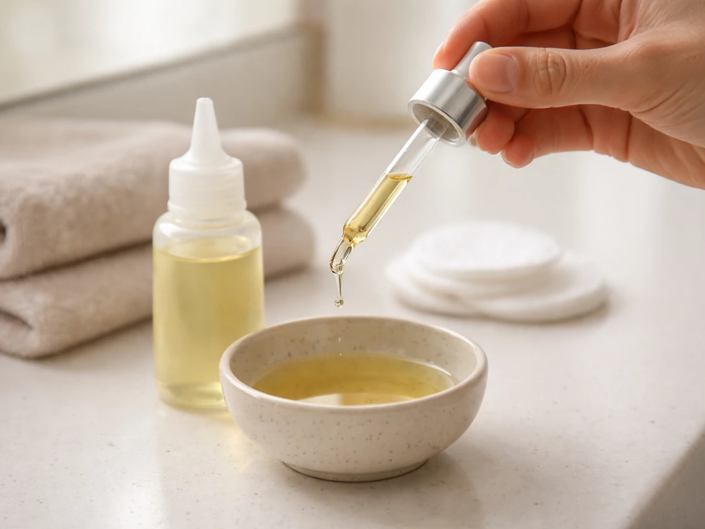Hand holding a dropper over a small bowl while preparing rosemary oil for scalp application.