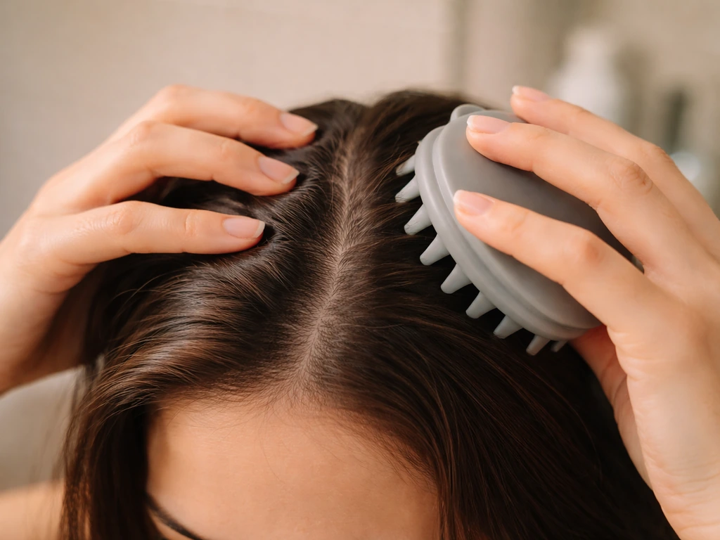 Close-up of hands massaging a person’s scalp with fingertips and a silicone massager.