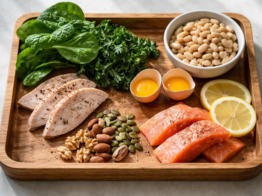 Flat-lay tray of iron-rich foods, nuts and seeds, eggs, and vitamin D source ingredients for hair nutrition.