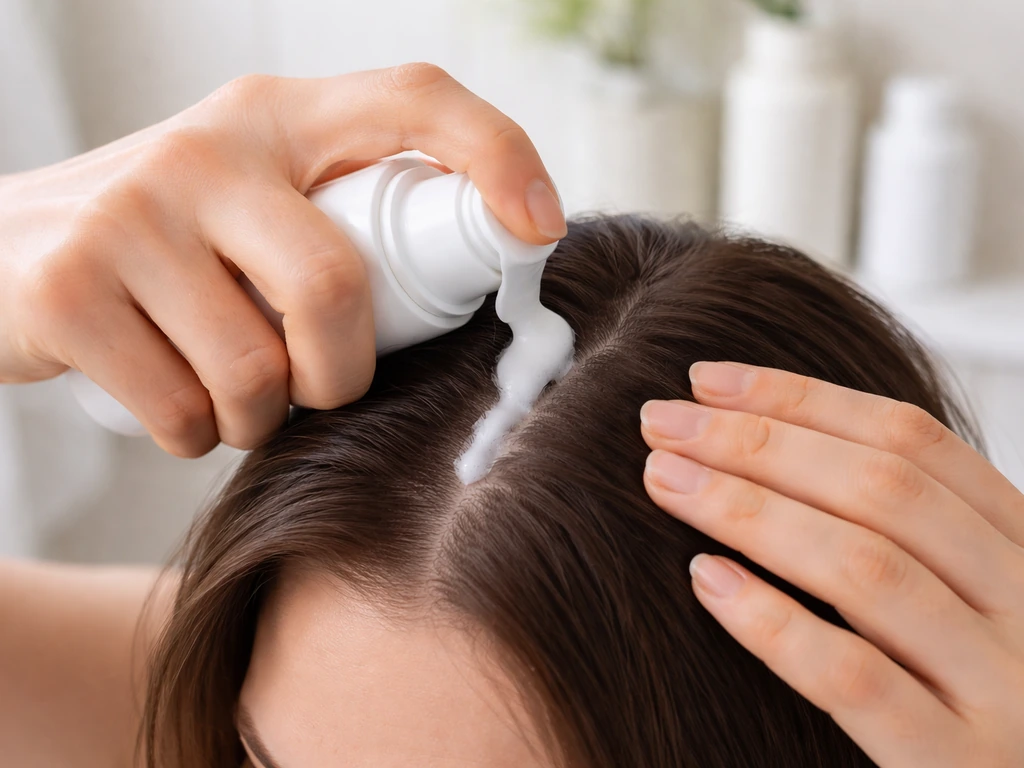 Close-up of hands applying minoxidil foam along a scalp part line in natural light.