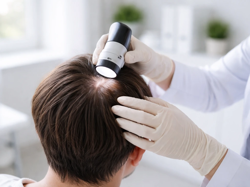 Dermatologist uses a dermatoscope to examine an anonymous scalp in a quiet clinic.