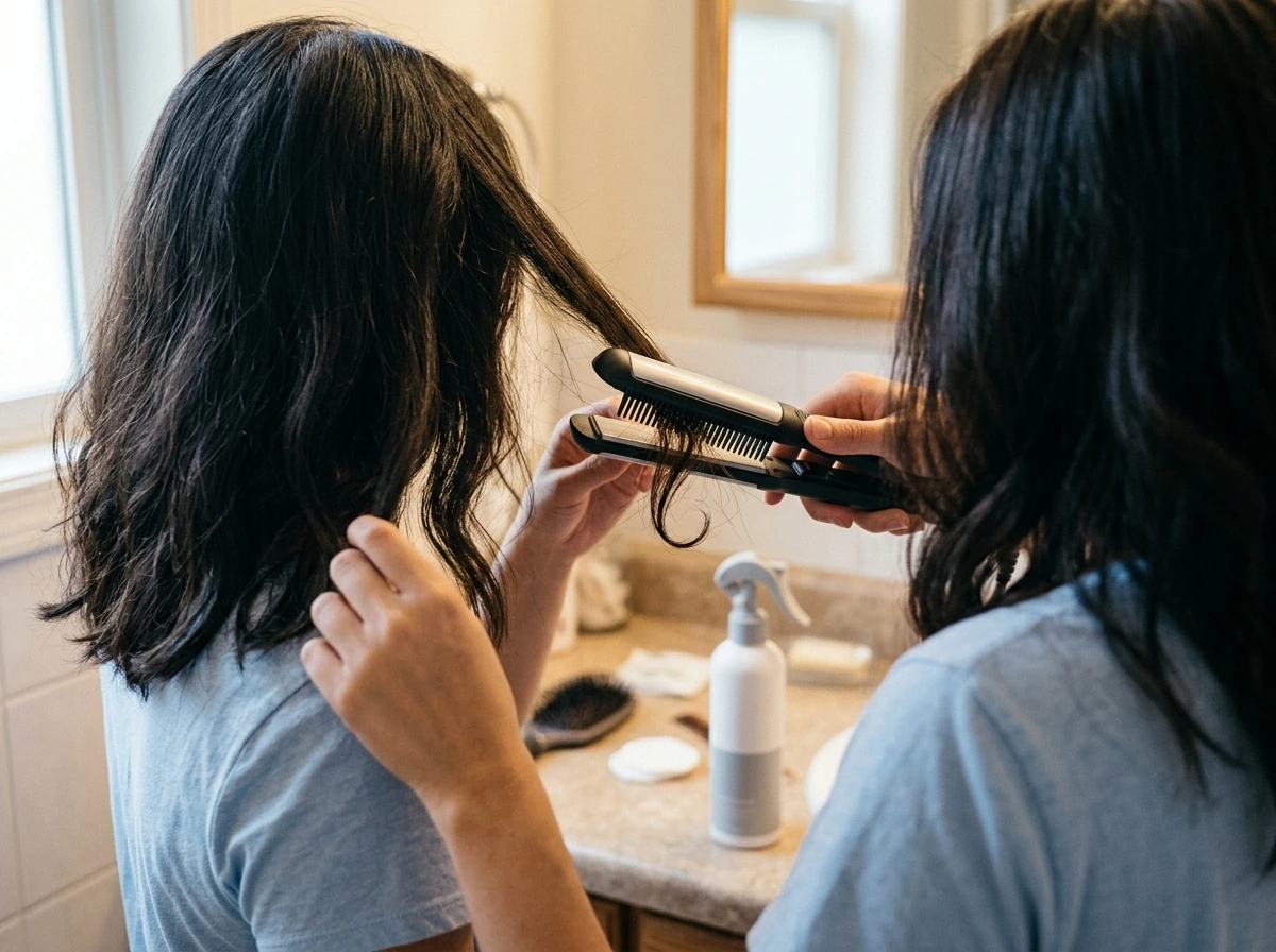 Flat iron styling hair with visible frayed ends to illustrate breakage