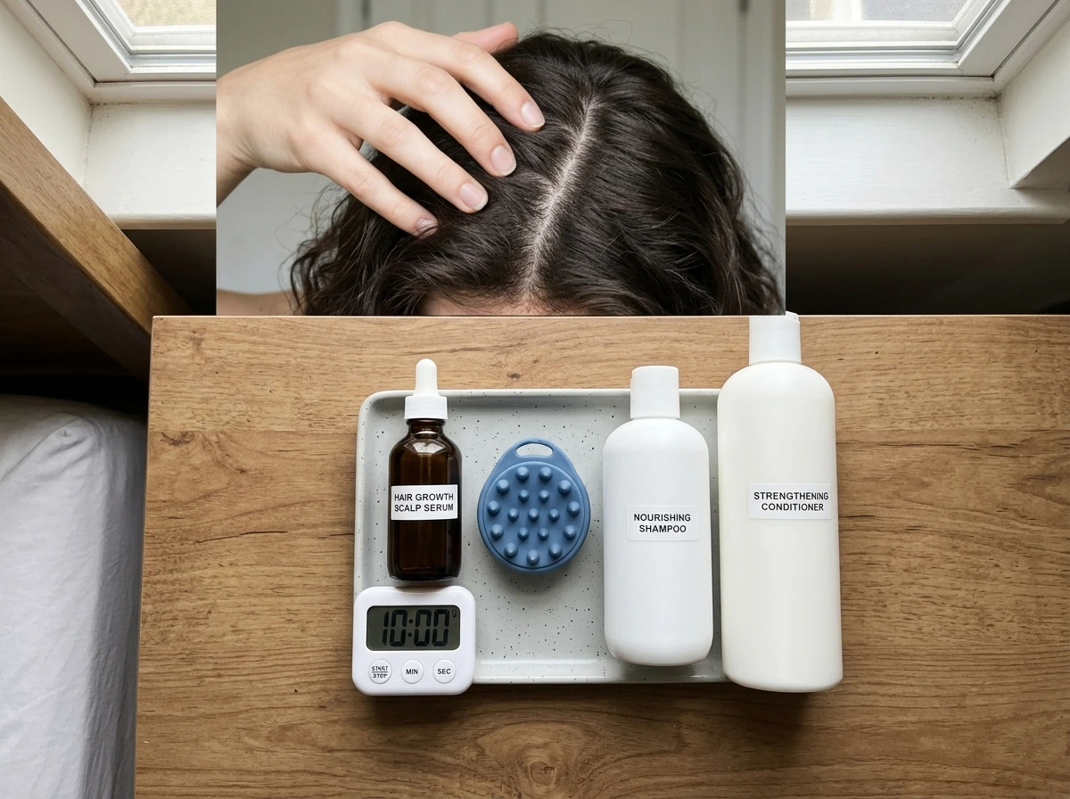 Hair-growth routine setup with scalp care tools and products on a vanity