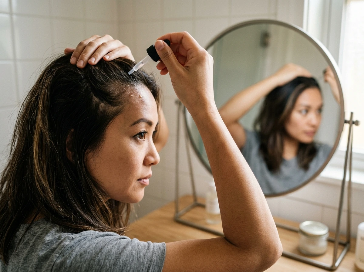 Close-up applying minoxidil to a parted section of scalp