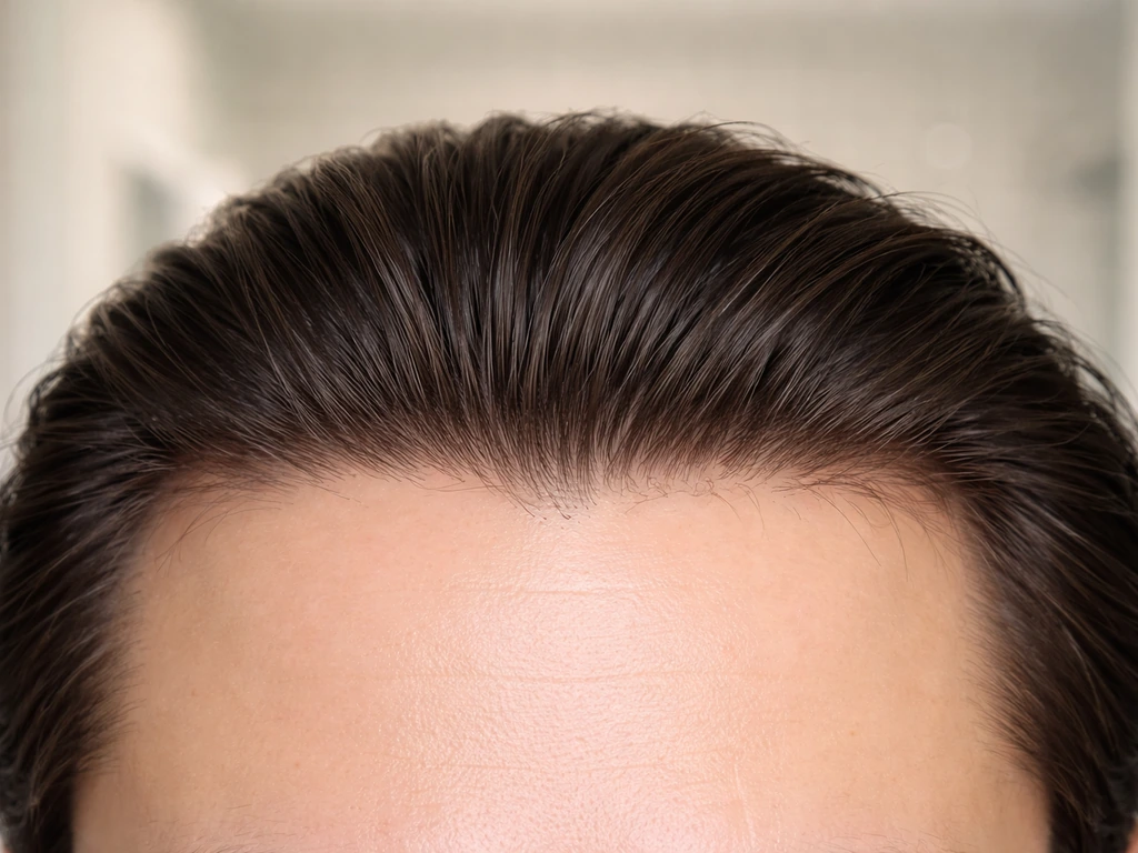 Close-up view of hairline variations: dense frontal edge, temple recession, and shorter baby hairs.