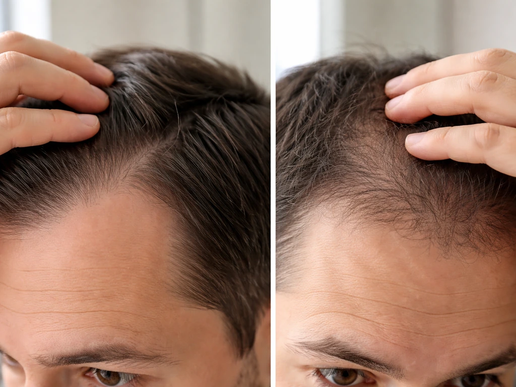Hand parts hairline showing temple-only recession on one side and diffuse thinning along the front on the other.