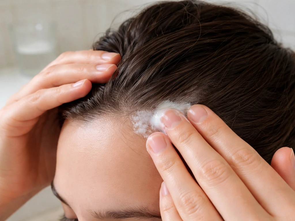 Hands gently applying scalp treatment along the hairline near the temples in a bright bathroom.