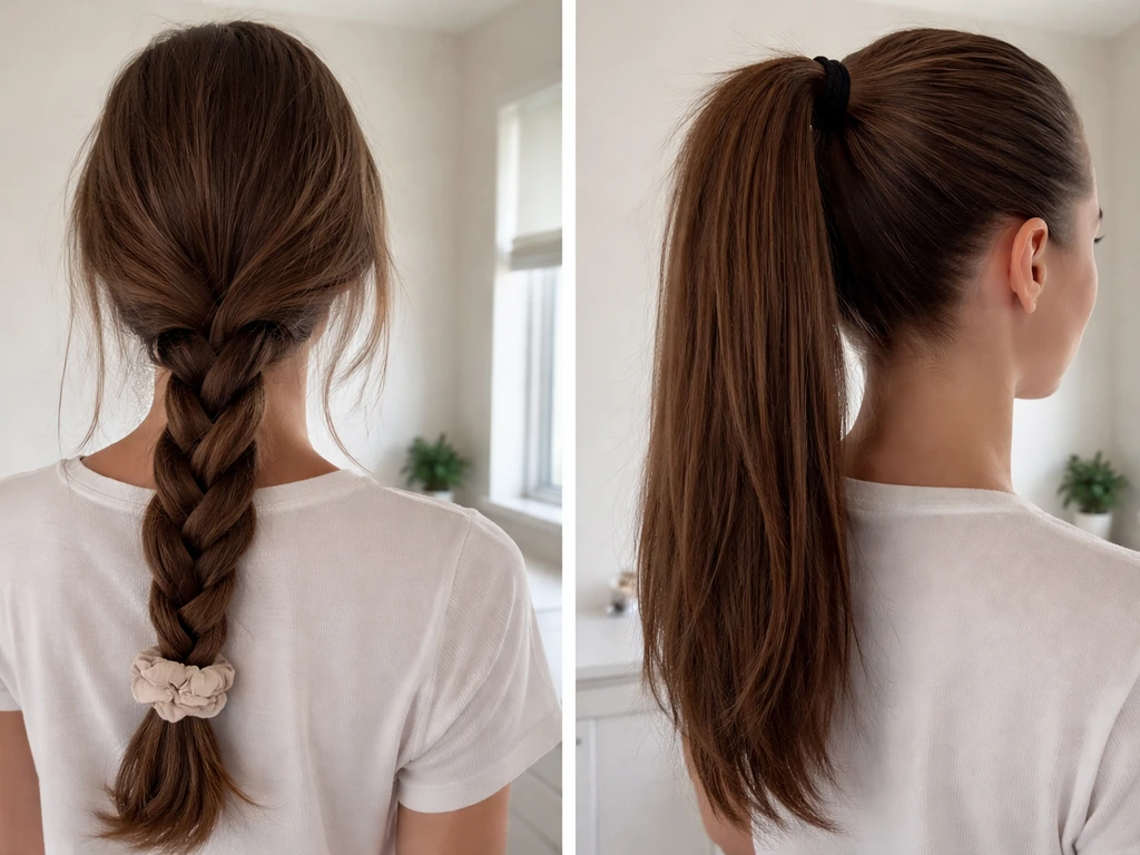 Side-by-side: loose low-tension braid vs tight pulled hairline in a simple, natural-light bathroom.