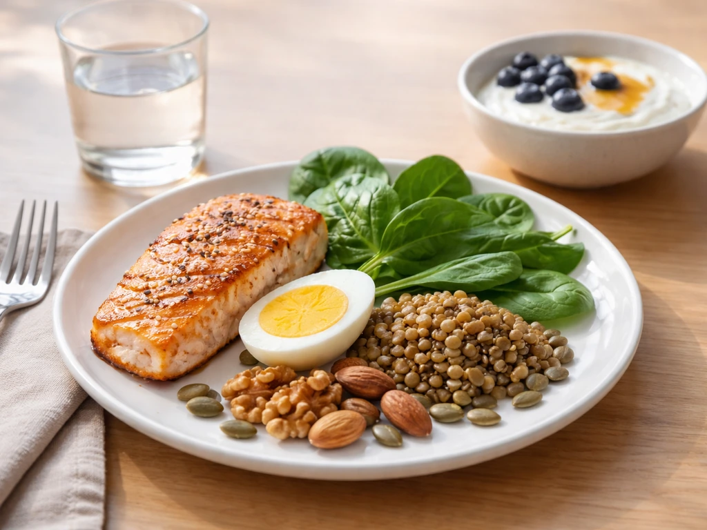Minimal plate of protein-rich foods—salmon/chicken, lentils, egg, spinach, nuts—on a light kitchen table.