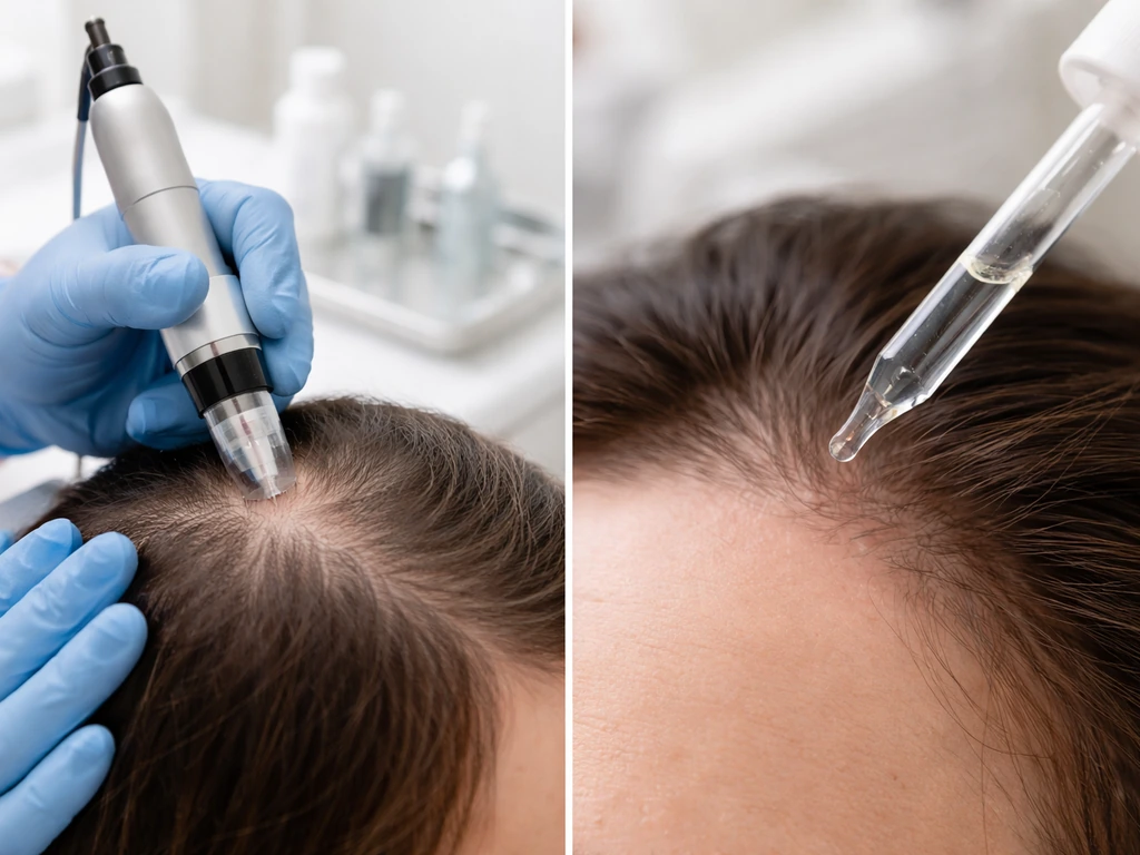 Dermatologist uses a microneedling device on a patient’s scalp, with a close view of topical treatment near hairline.