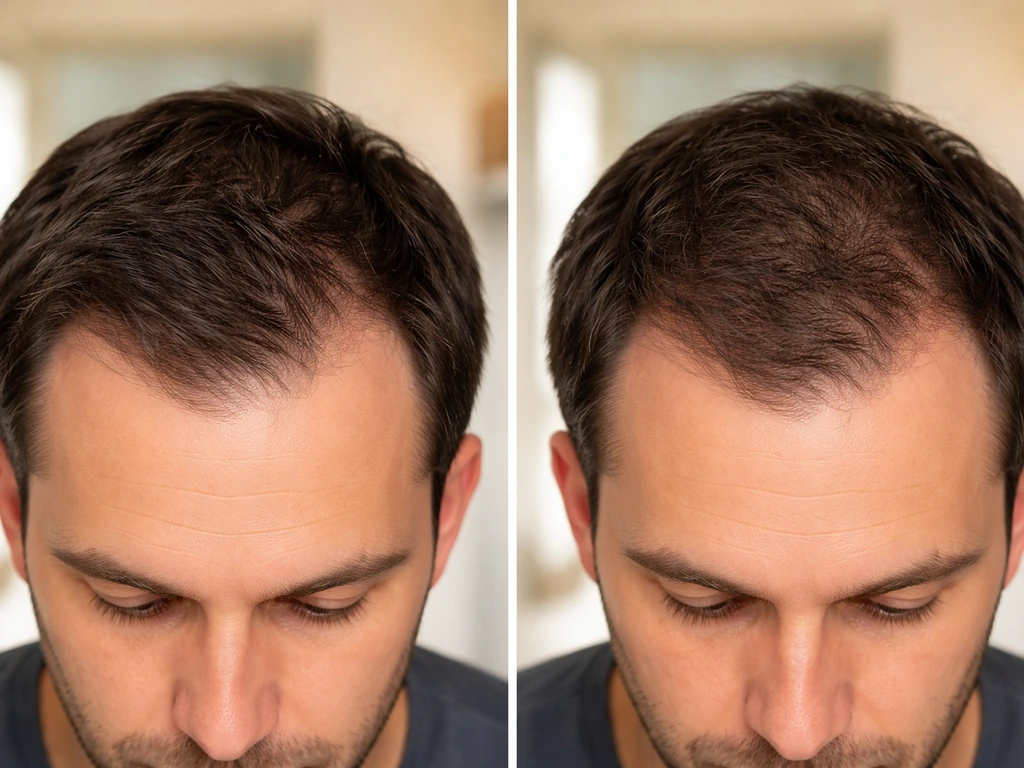 Split-view of two common hairline thinning patterns: receding temples vs diffuse thinning across the hairline.