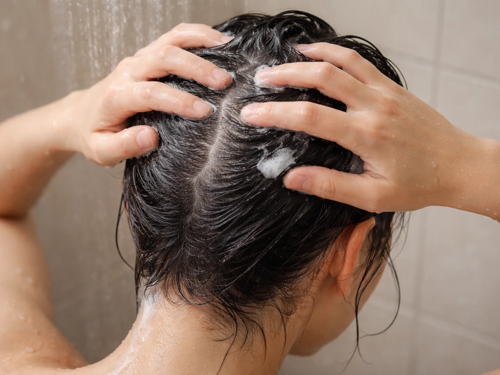 Hands massaging shampoo into a clean scalp during a shower routine
