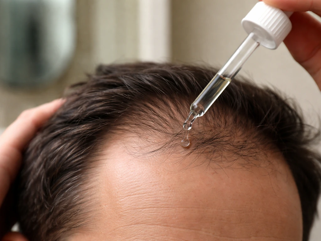 Close-up of minoxidil solution applied with a dropper to a thinning hairline on the scalp.
