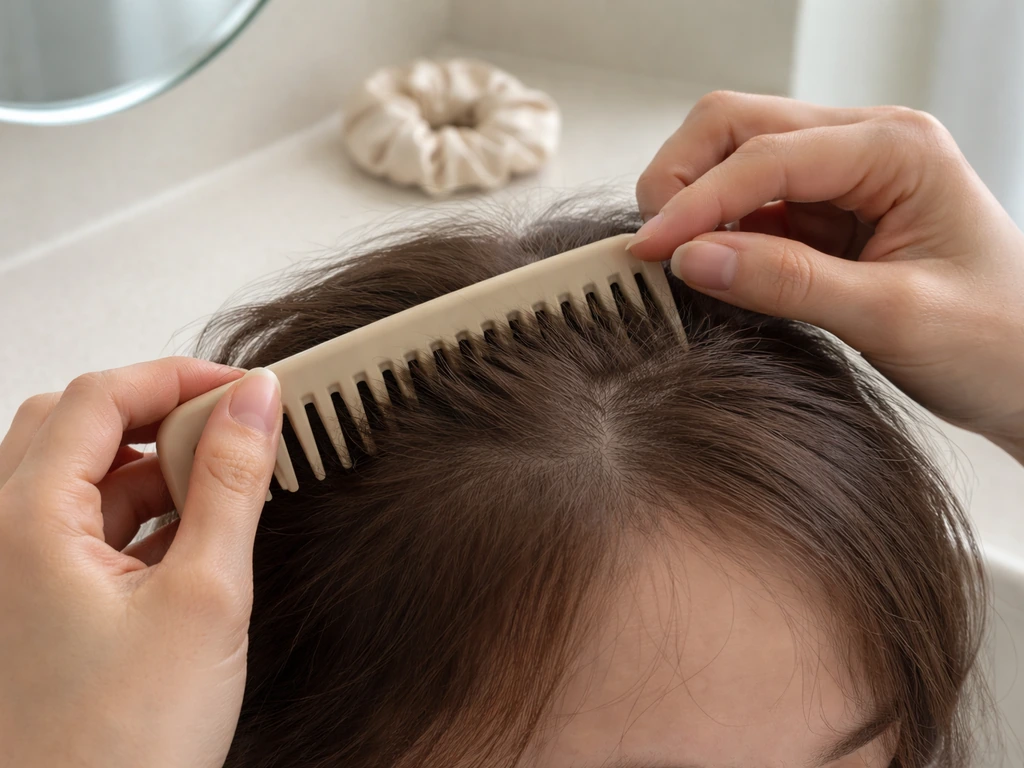 Hands gently detangling thinning front hairline with a wide-tooth comb in a bright bathroom setting.
