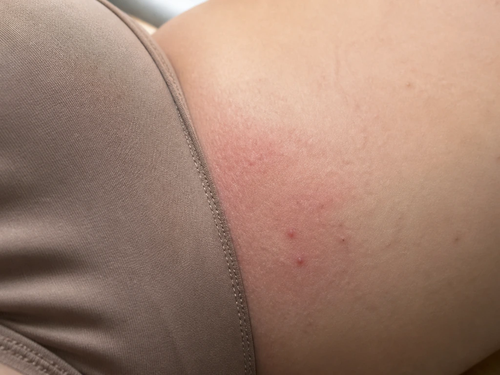 Close-up of inner thigh skin with mild redness where tight fabric rubs, showing small ingrown-hair bumps.