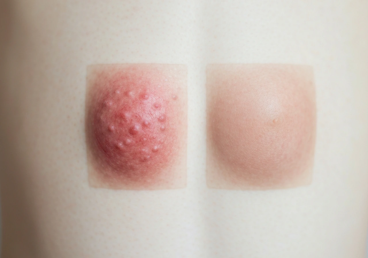 Close-up of two small skin areas: irritated after aggressive shaving and calm skin after gentle grooming.