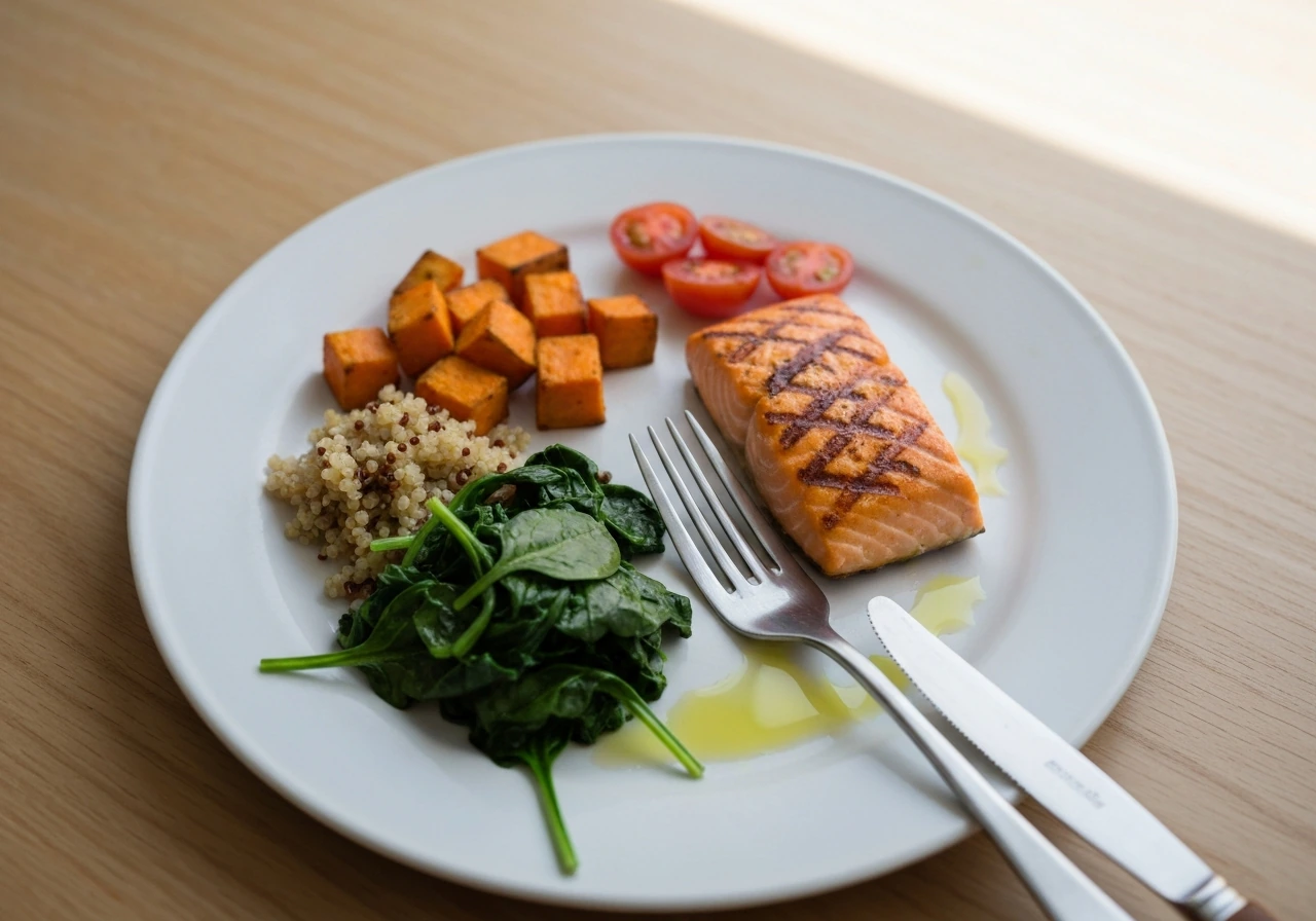 Close-up of a minimal plate with salmon, quinoa, sweet potato, and spinach under natural light.