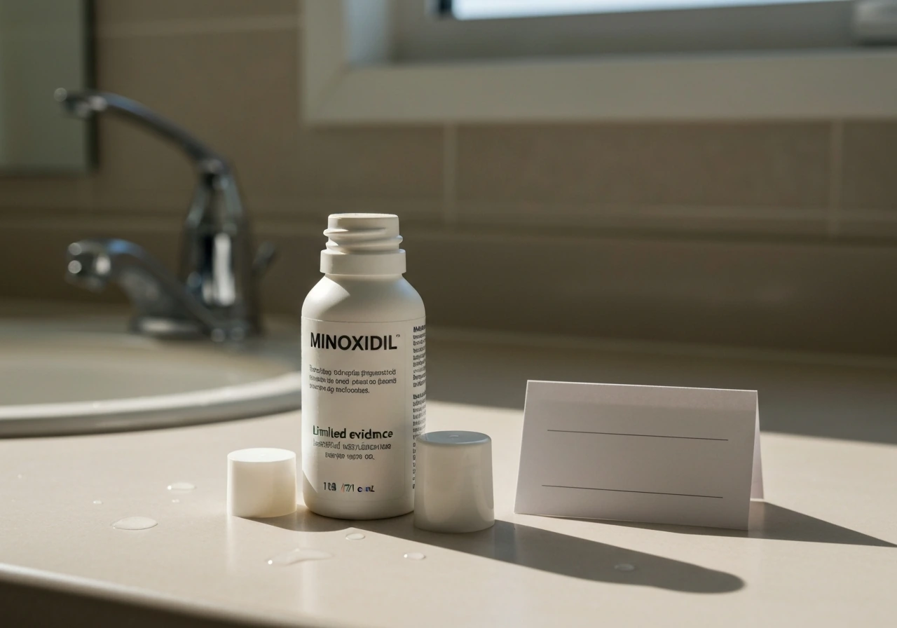 Close-up of a topical minoxidil bottle beside a blank disclaimer card on a bathroom counter.