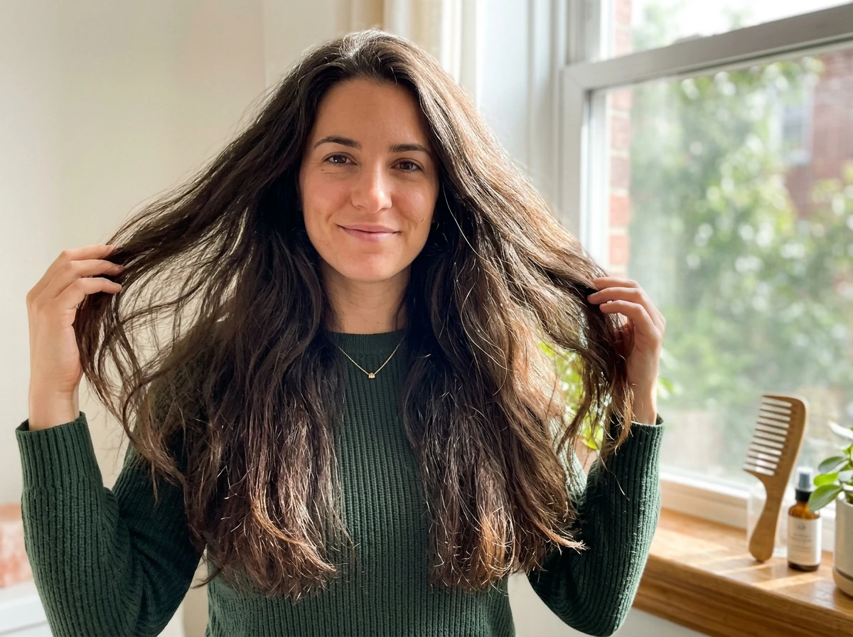 Person with visibly fuller, longer hair in natural window light