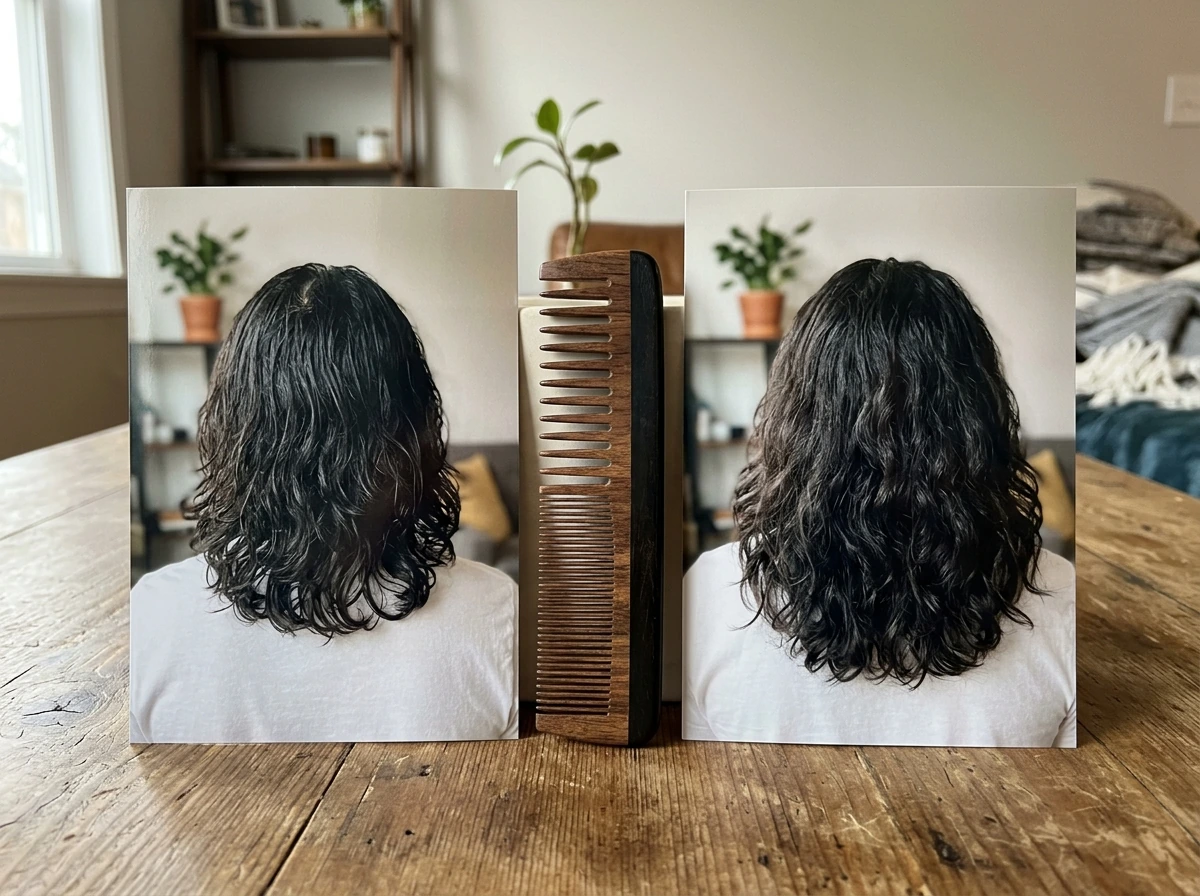 Before-and-after style comparison using staged hair length photos