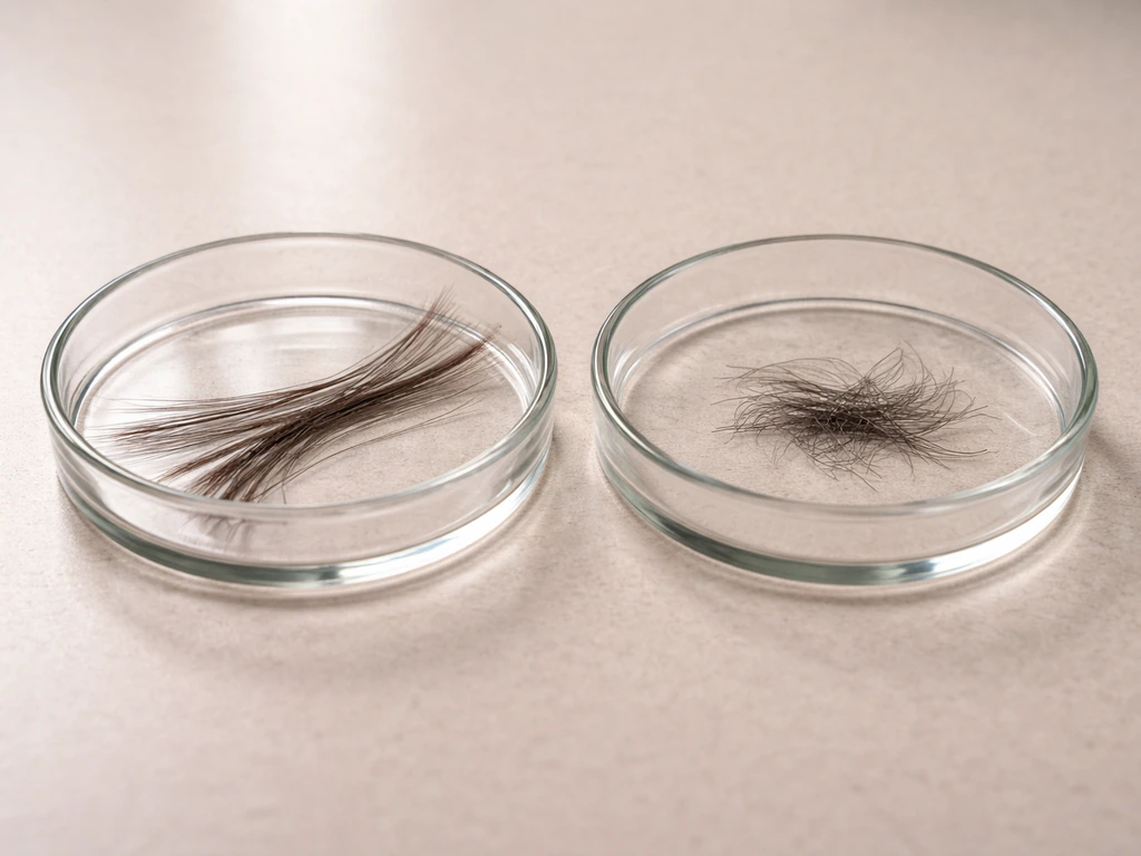 Two petri dishes with hair strands showing longer growth-like hair and shorter shedding-like hair.