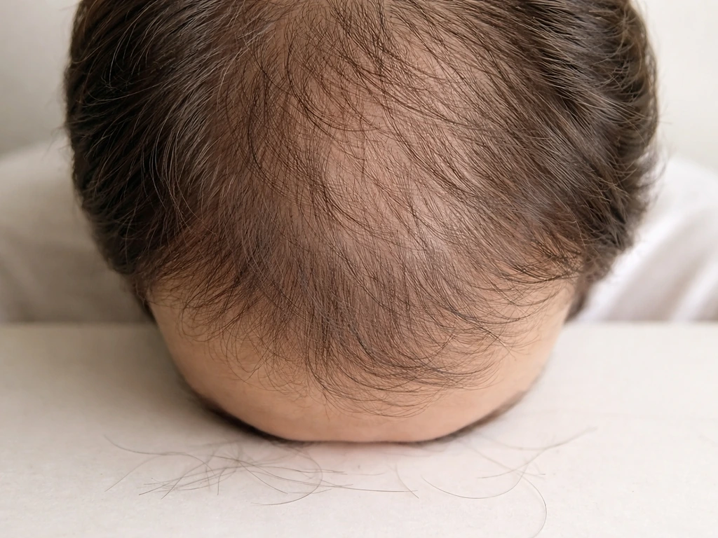 Close-up of a scalp with diffuse loose hair strands falling onto a neutral background.