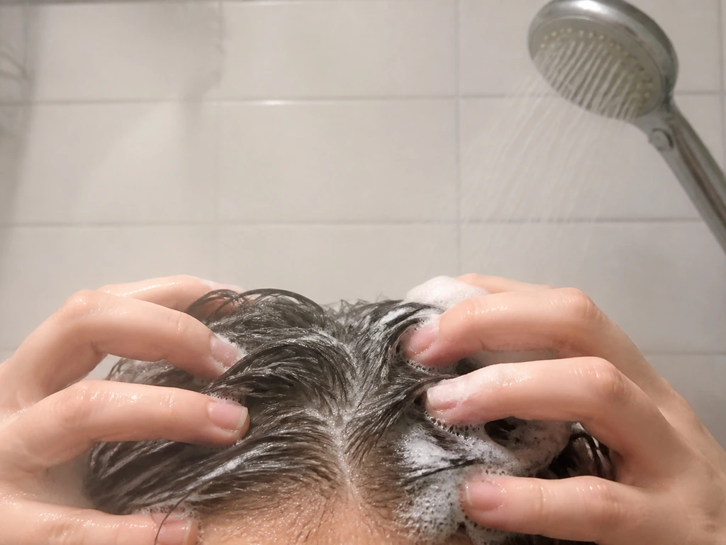 Hands massage foaming cleanser into a clean scalp in a simple shower setting, focused on gentle wash care.
