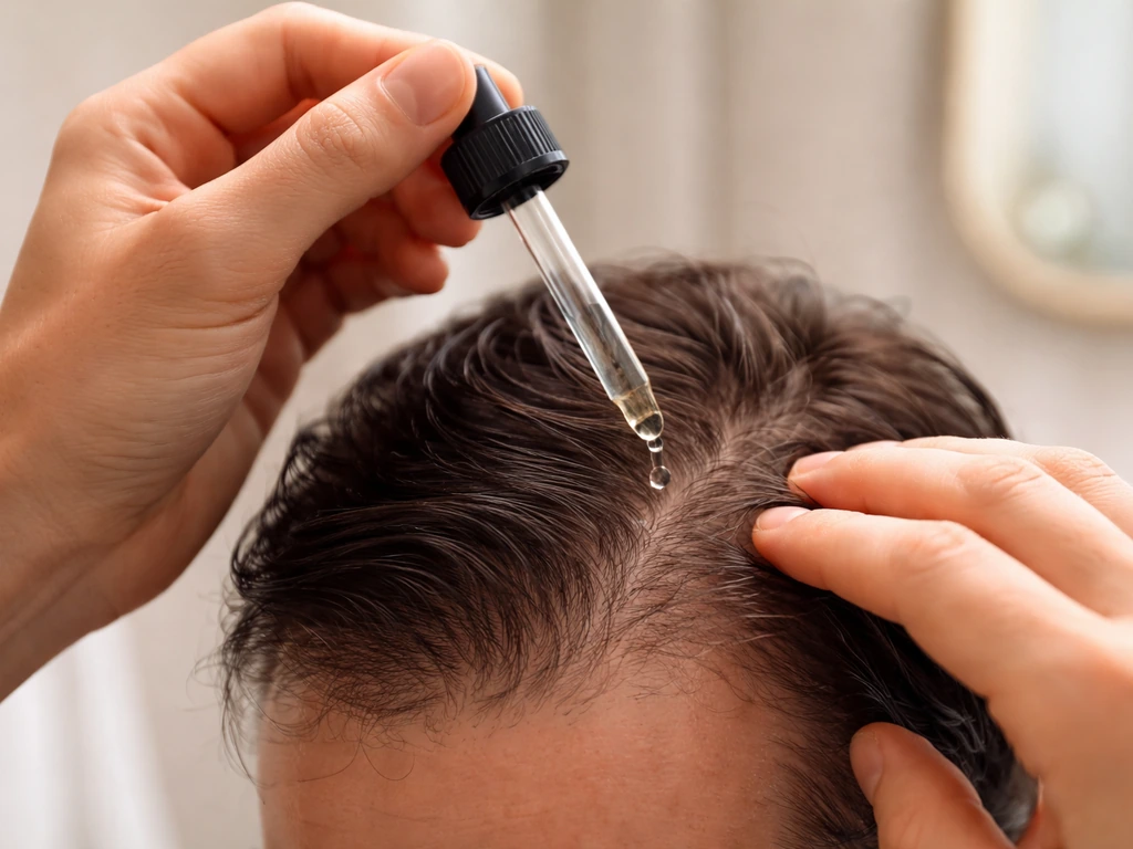 Person applying topical treatment with a dropper to a thinning scalp at home