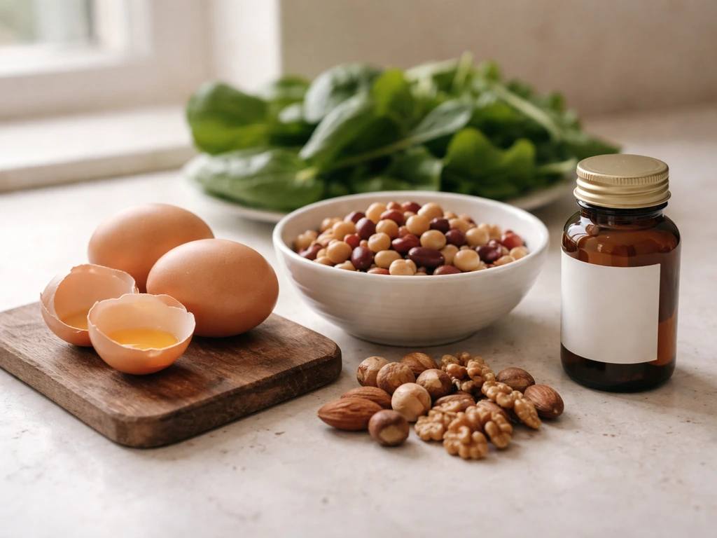 Ingredients for hair nutrition—eggs, beans, nuts, and leafy greens—with a blank supplement bottle label area.