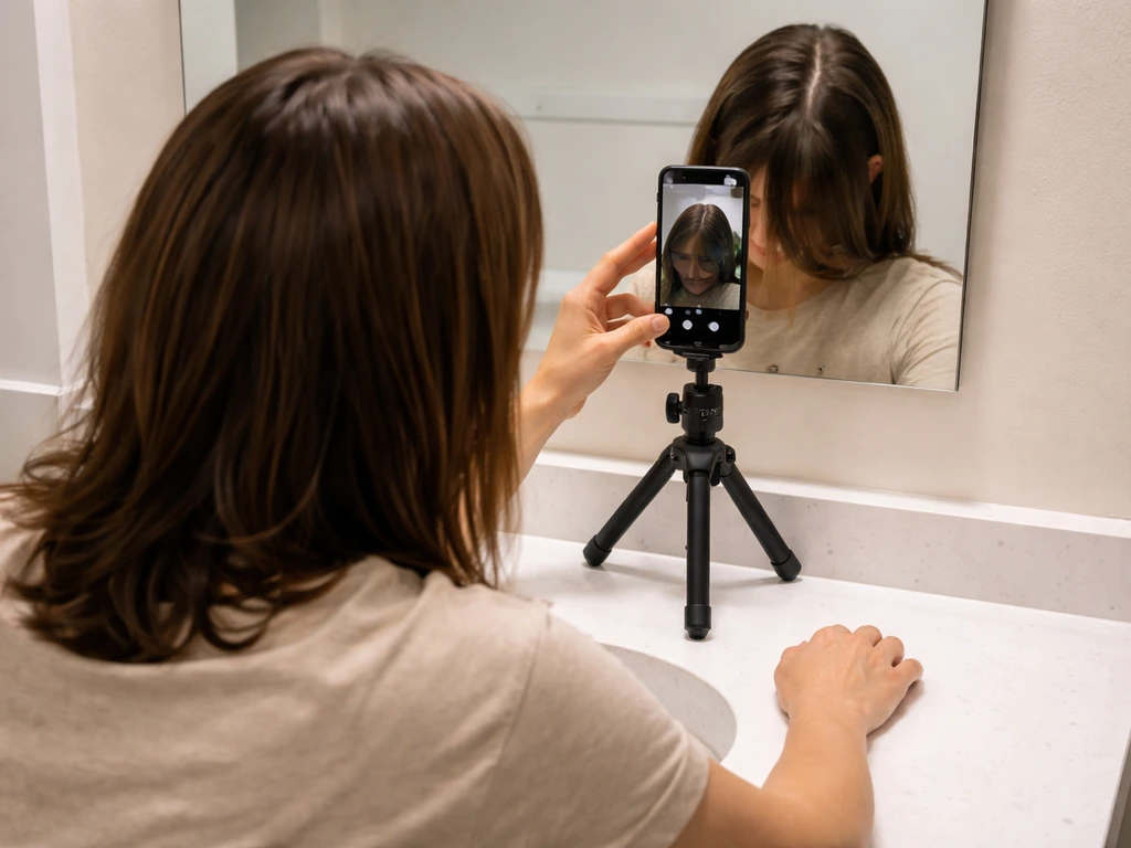 Anonymous person using a tripod phone in a bathroom mirror to photograph hairline and crown for progress tracking.