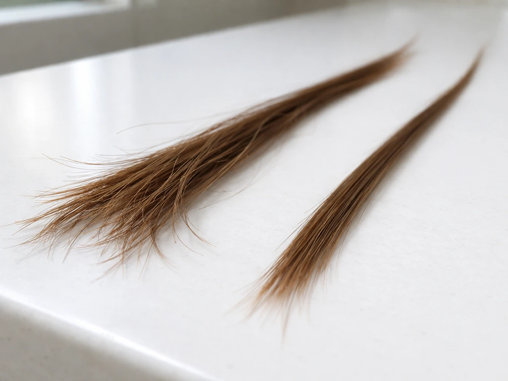 Close-up of dry split hair ends beside a smooth intact strand to suggest breakage vs shedding.