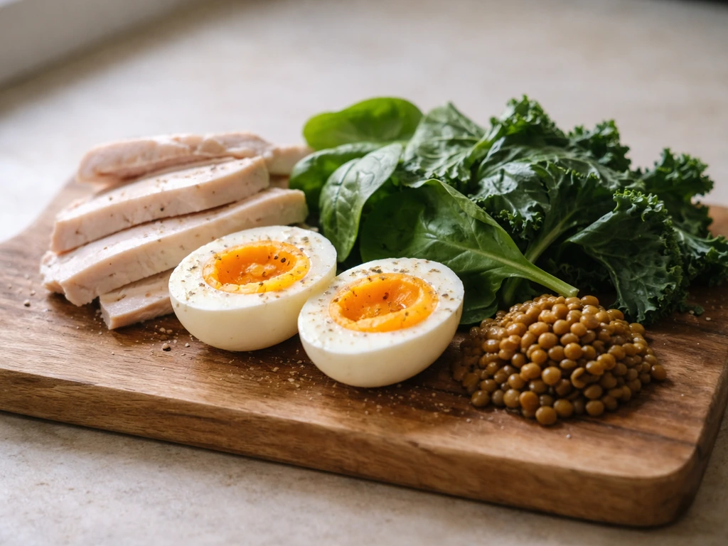 Close-up of protein-rich foods and leafy greens on a simple kitchen counter for body-hair nutrition
