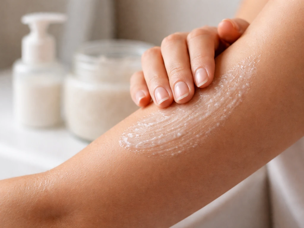 Hands applying gentle exfoliating lotion to forearm skin with product bottles nearby.