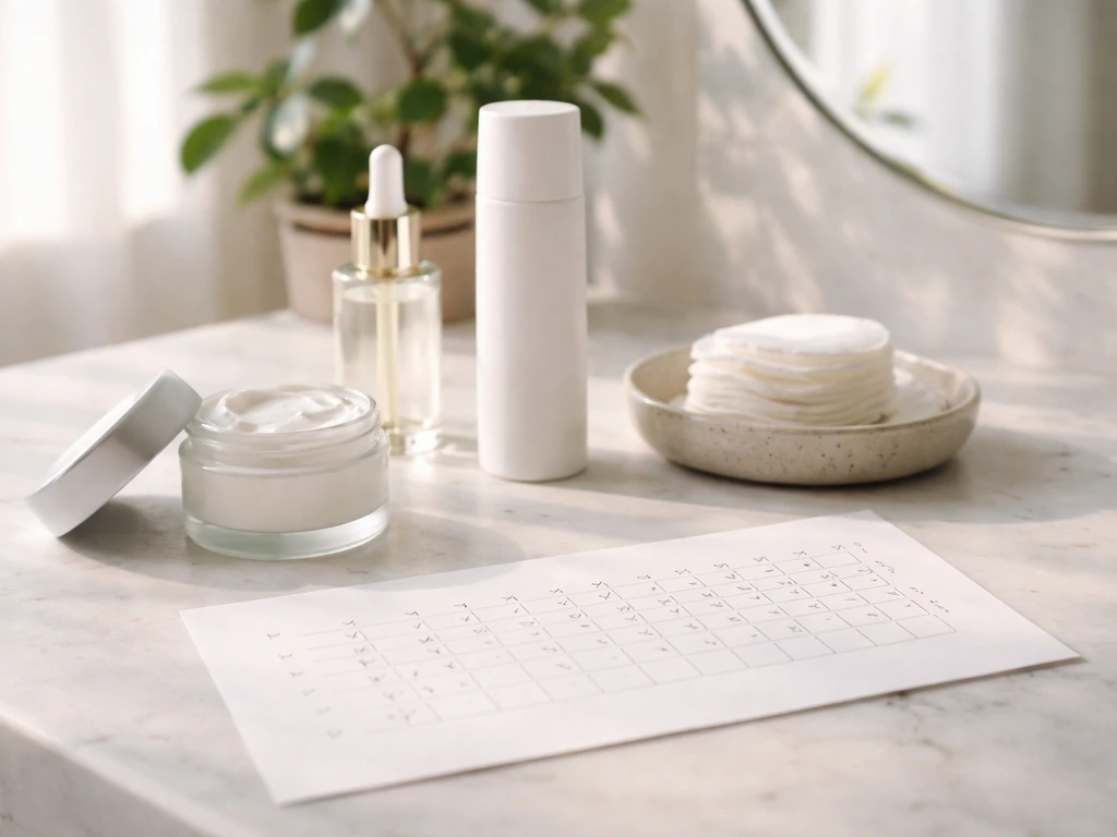 Minimal desk scene with skincare essentials and a handwritten-style day counter showing gradual change