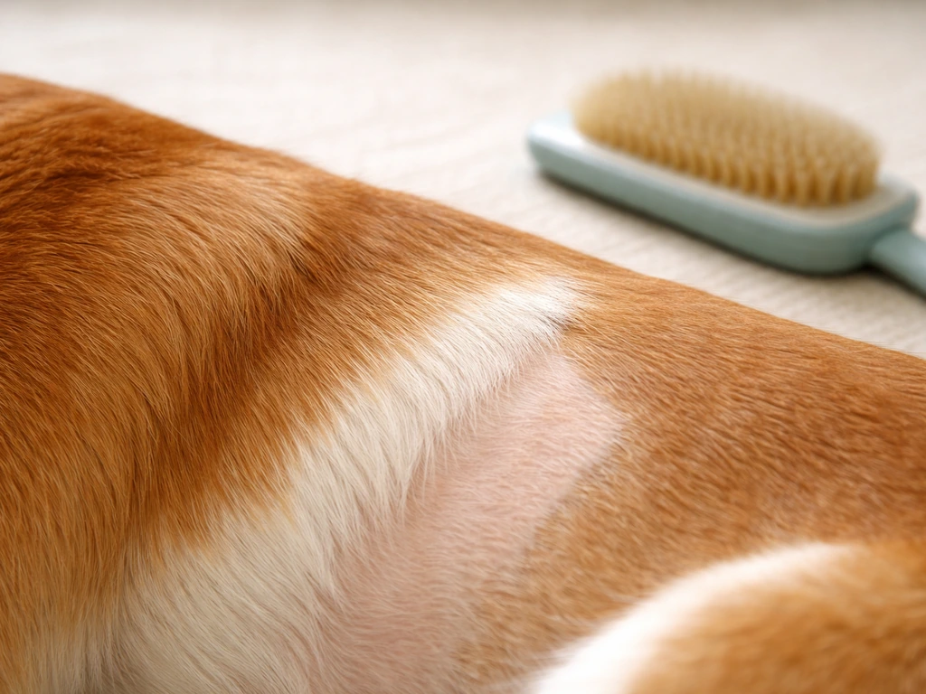 Close-up of a dog’s coat and skin with a grooming brush resting nearby, showing at-home fur care.