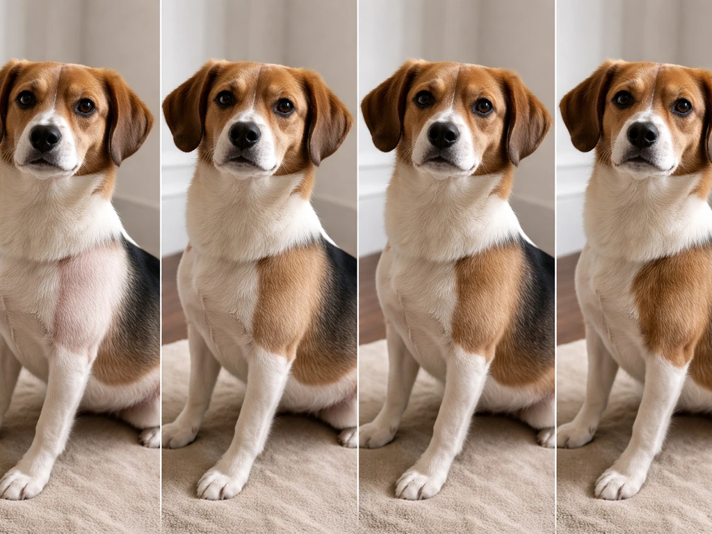Dog with a shaved patch showing fur regrowth across four week-like segments, indoors in natural light.
