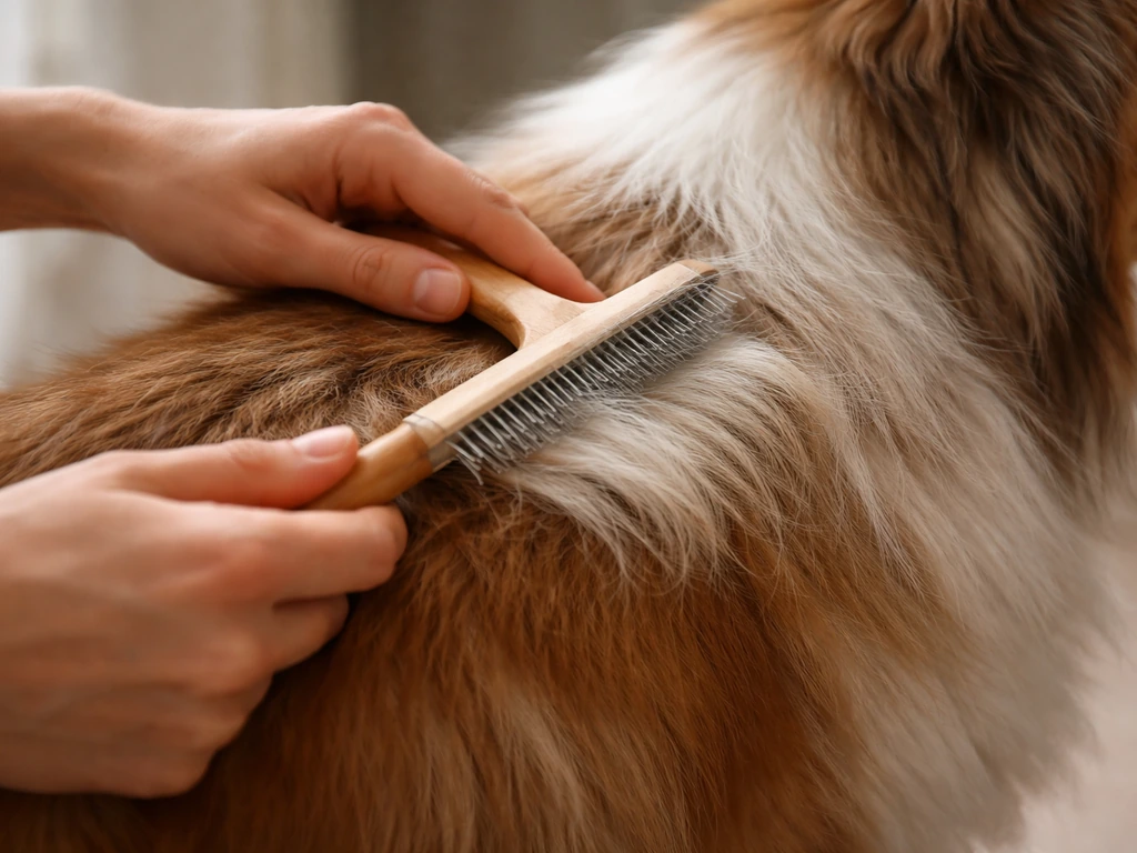 Close-up of a groomer brushing a dog’s coat with a brush, lifting loose hair and preventing mats