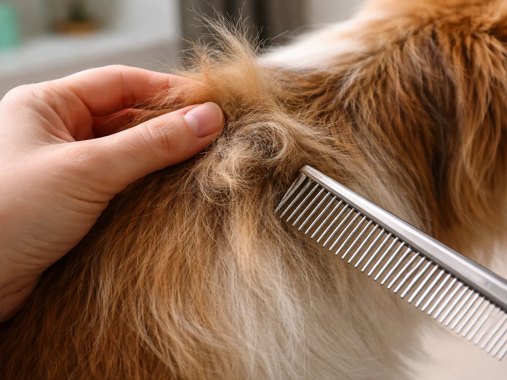 Close-up of a dog’s matted fur with a pet comb and gentle brushing near the tangle.