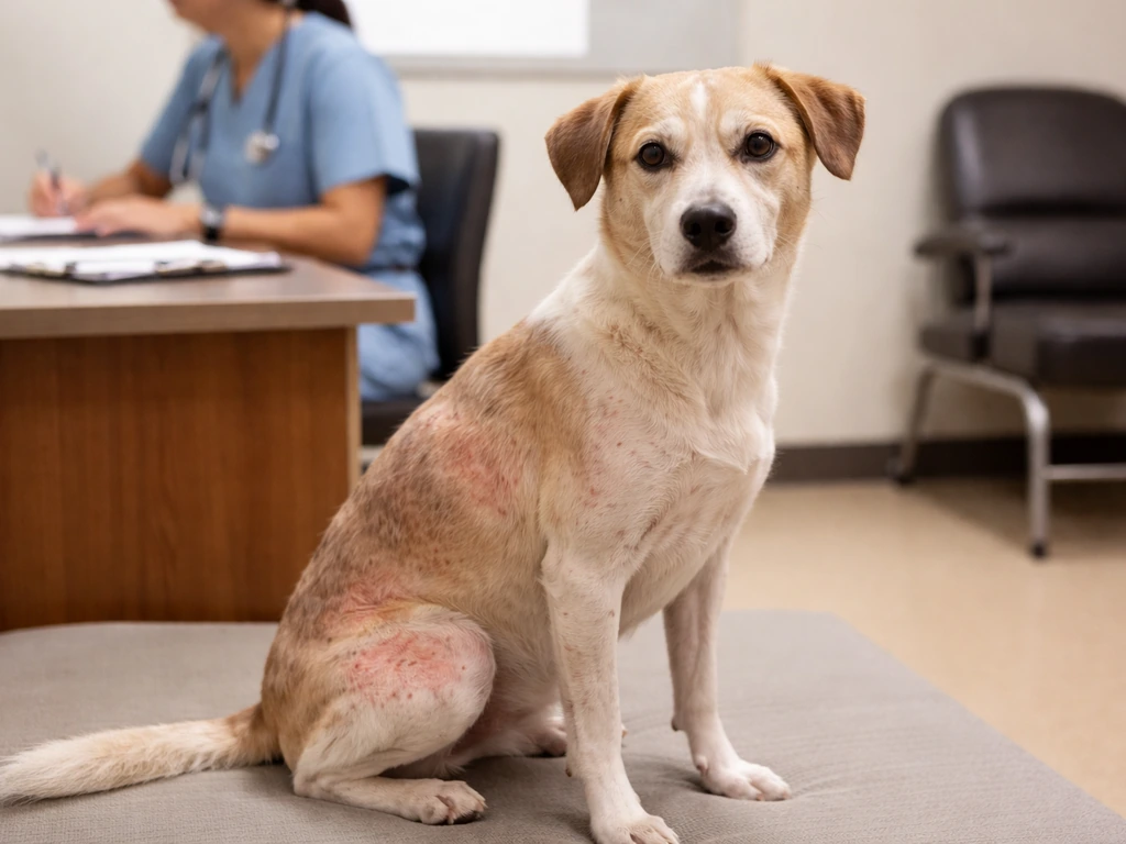 Dog with irritated skin and a vet office background, signaling red flags that need a professional check.