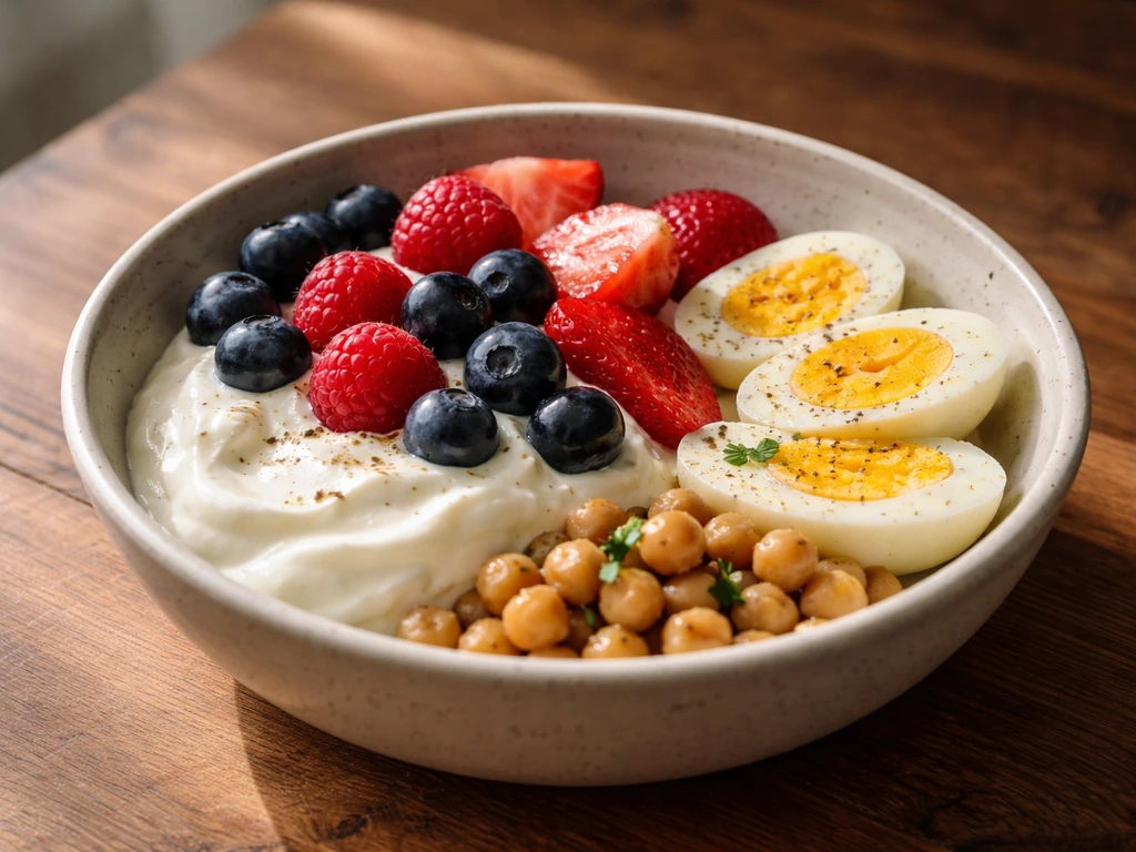 Protein-focused meal with Greek yogurt, eggs, and lentils on a wooden table, minimal and natural light.