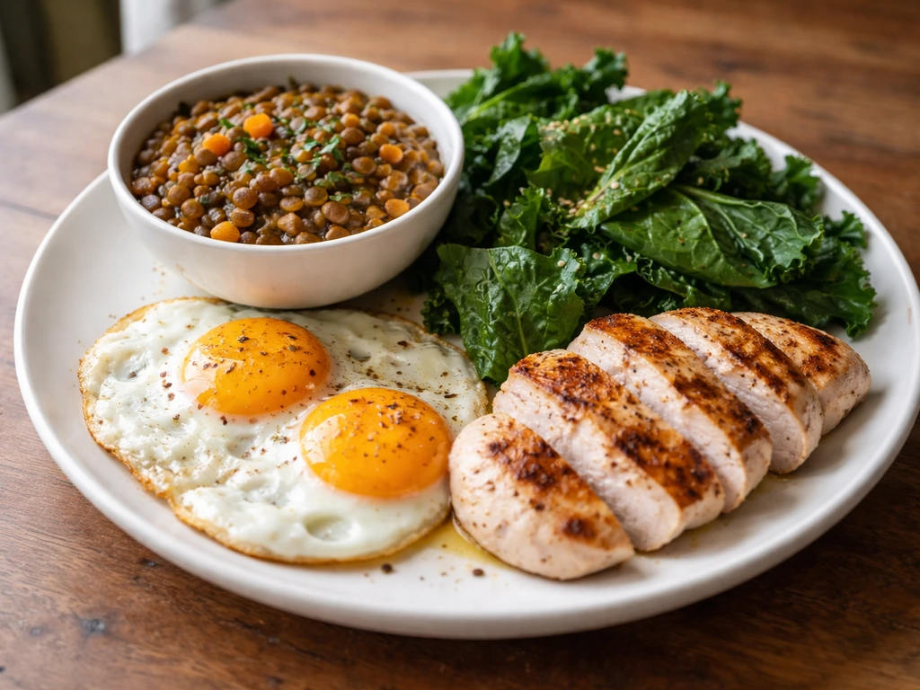 Meal with lentils, eggs, lean chicken, and leafy greens on a wooden table for nutrition gaps.