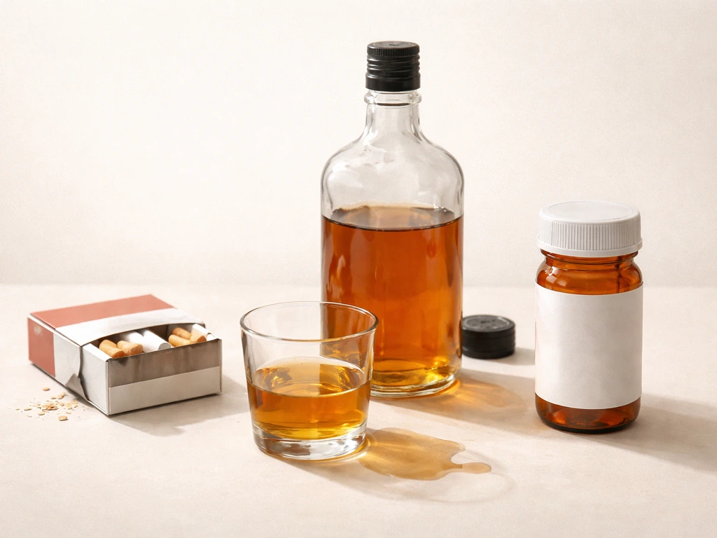Minimal tabletop photo showing cigarettes, an alcohol pour, and a generic medication bottle.