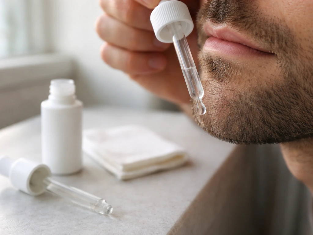 Close-up of minoxidil being applied to the chin/beard with a dropper on a clean bathroom counter.