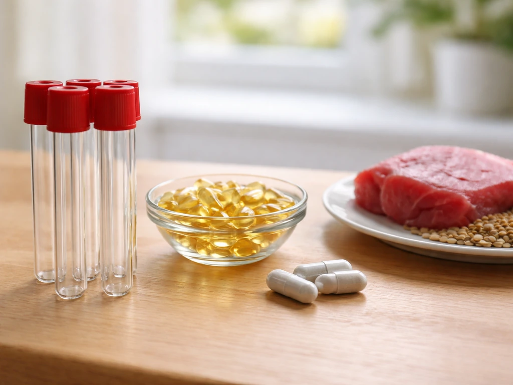 Blood test tubes beside iron, zinc, and vitamin D items on a clean kitchen counter
