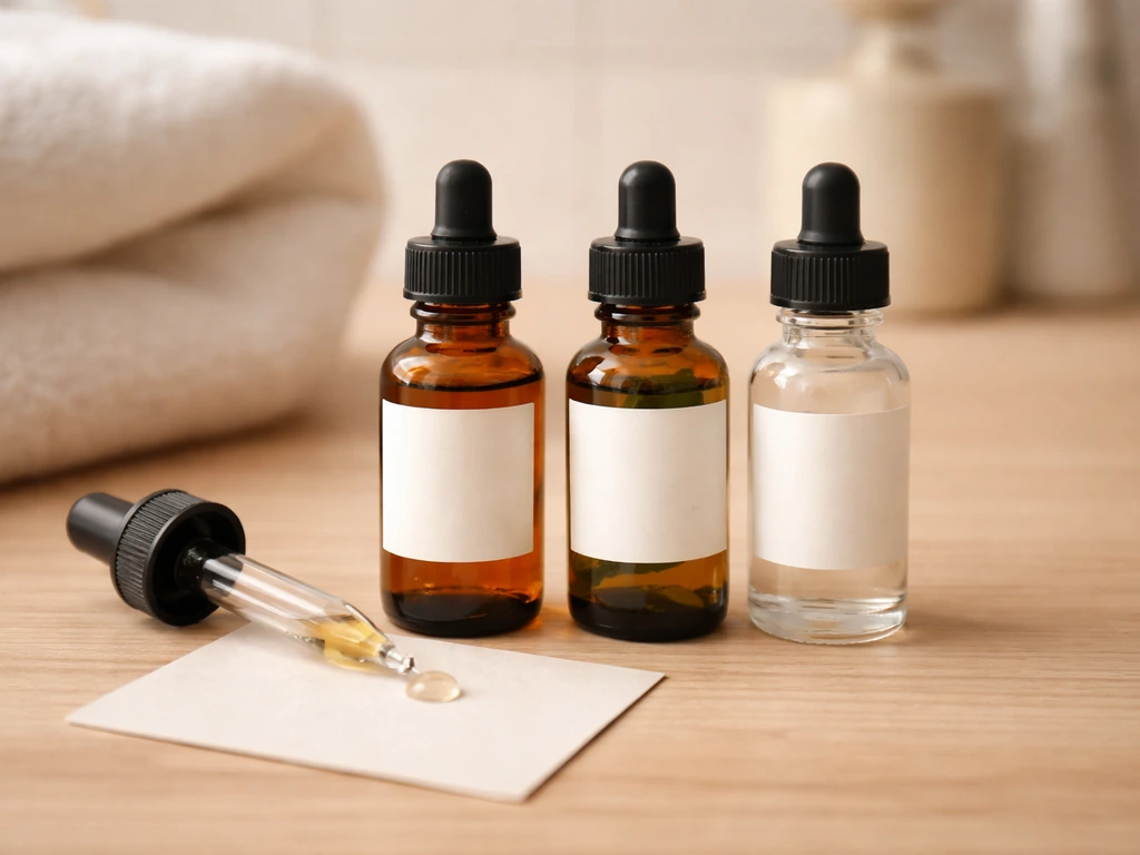Three small bottles of castor and peppermint oil with a dropper on a bathroom counter and a care card.