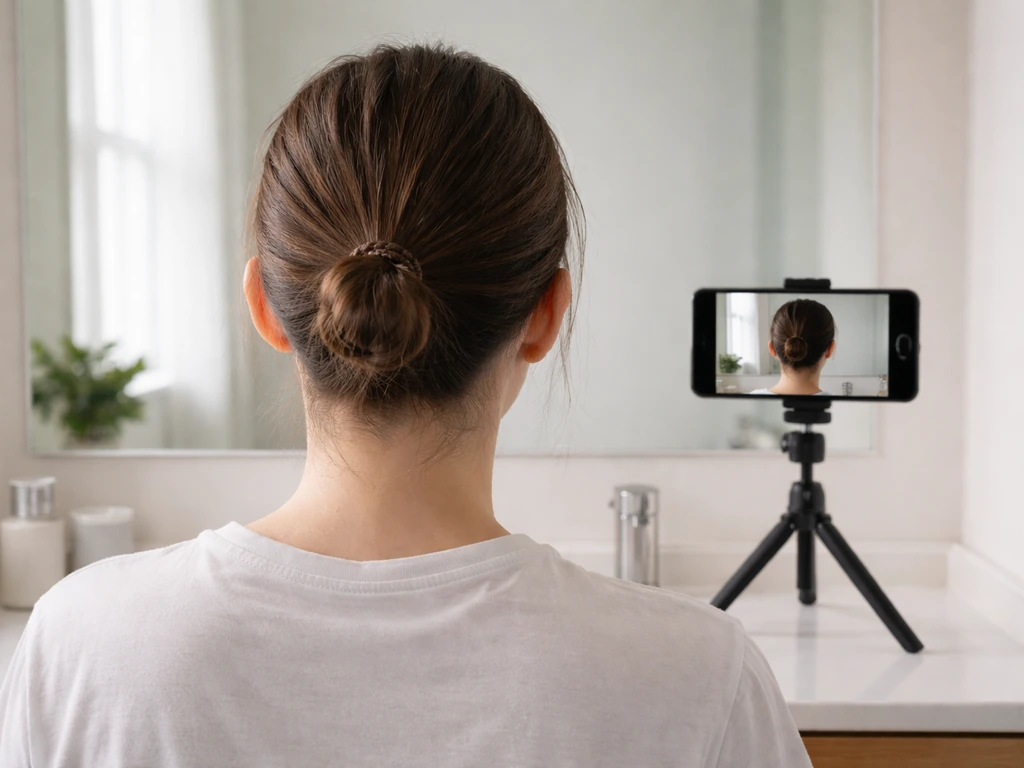 Back of head in bathroom mirror with phone on tripod for consistent monthly hair-growth photos