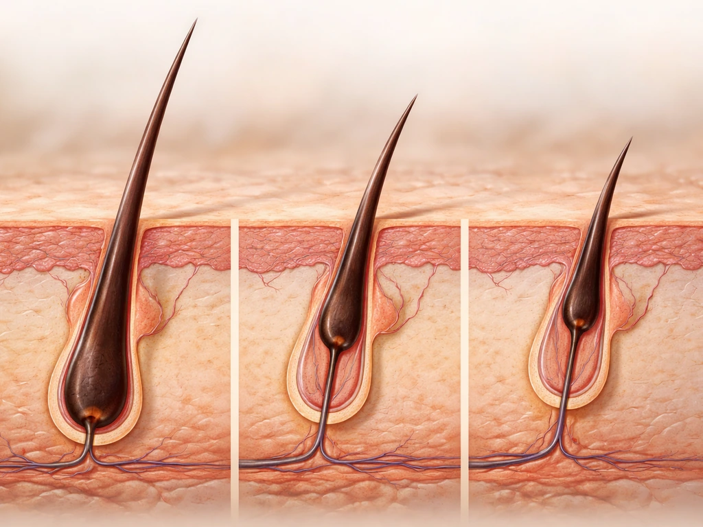 Close-up of a single scalp hair follicle cross-section with phases of growth shown as three subtle stages