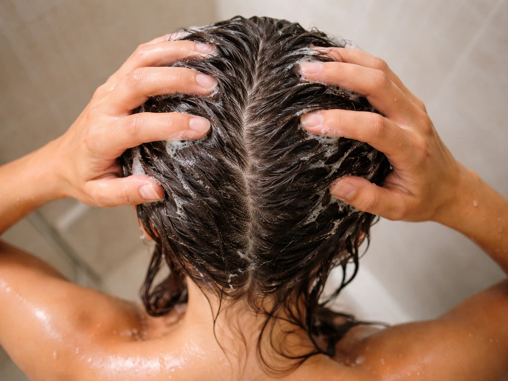Hands gently massaging shampoo into a wet scalp under the shower with clean water running off hair.