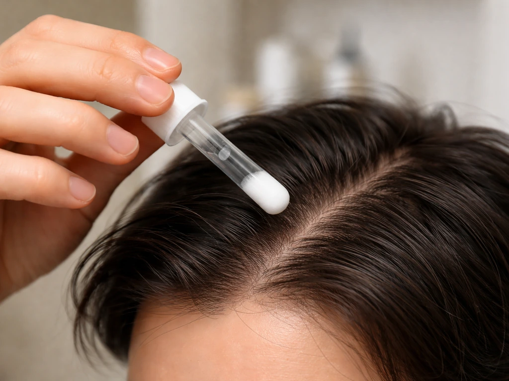 Close-up of a dropper poised over a thinning hairline, showing targeted topical minoxidil application.