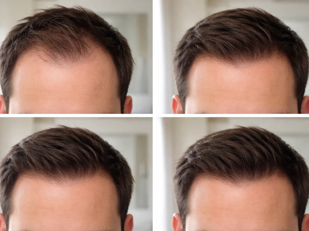 Minimal front hairline view with a week-by-week regrowth montage feel using natural lighting